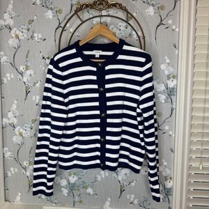 J.Crew Emilie Patch-Pocket Cardigan Sweater Navy White Striped Gold Button L